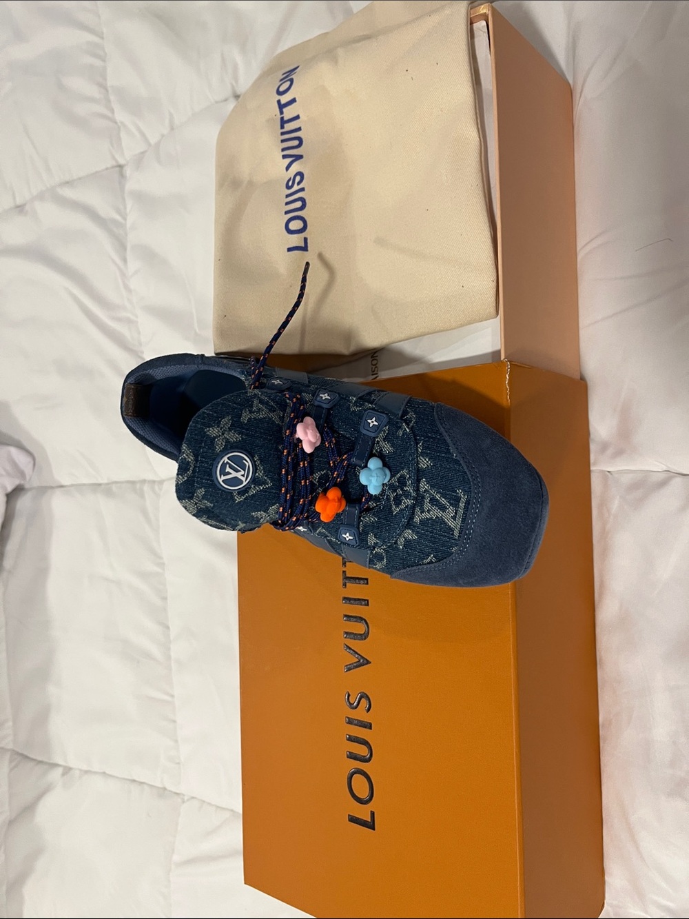 Louis Vuitton Navy Denim Monogram Sneaker with Multicolor Flower Charms